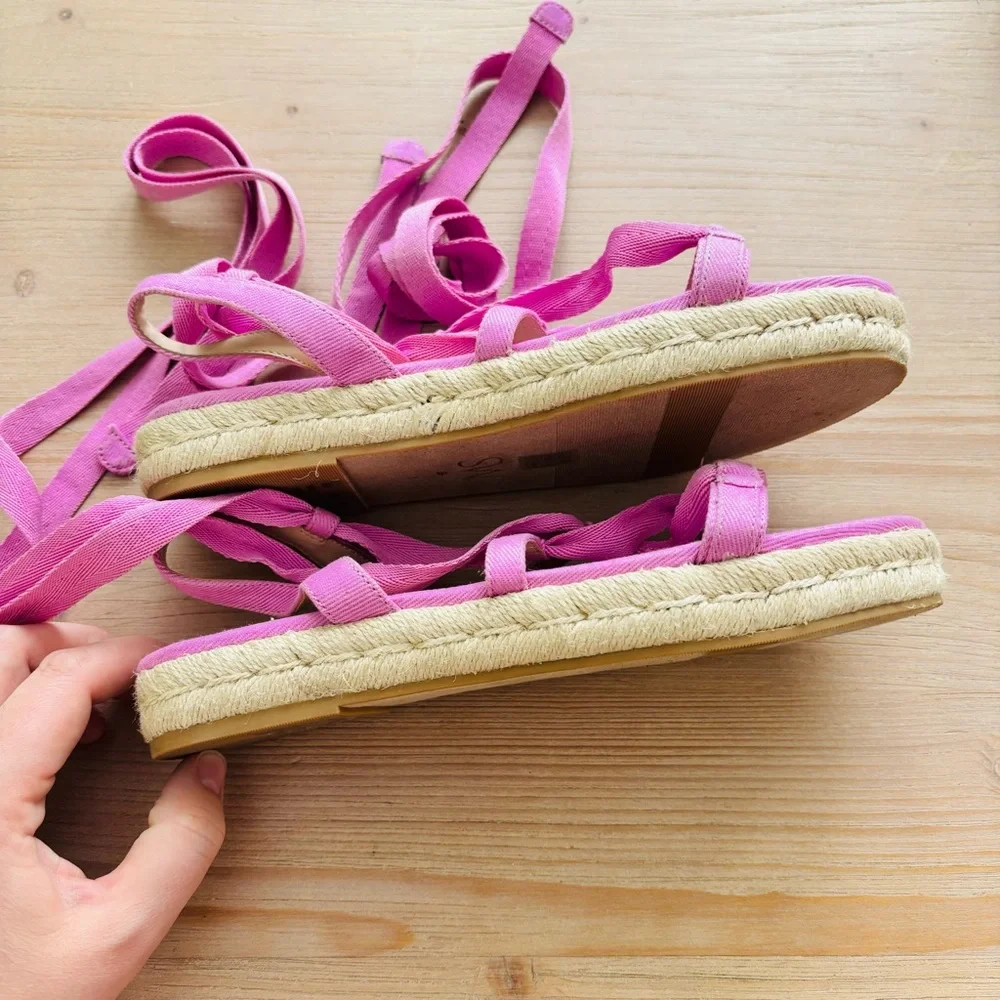 Stuart Weitzman 32MM Espadrille‎ Platform Sandals Pink Tan Chic Tie Up